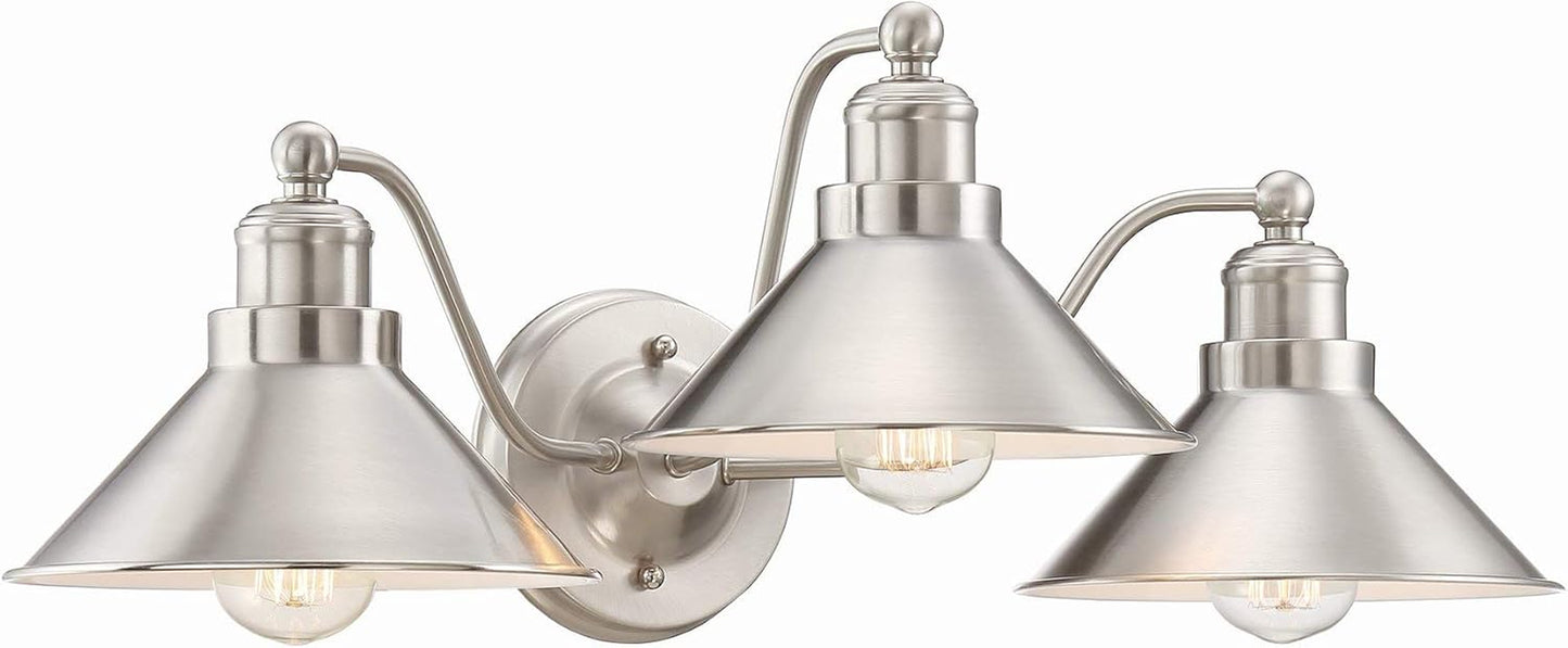 Welton 25.5" Modern Industrial 3-Light Vanity and Bathroom Light Fixture in Brushed Nickel Finish