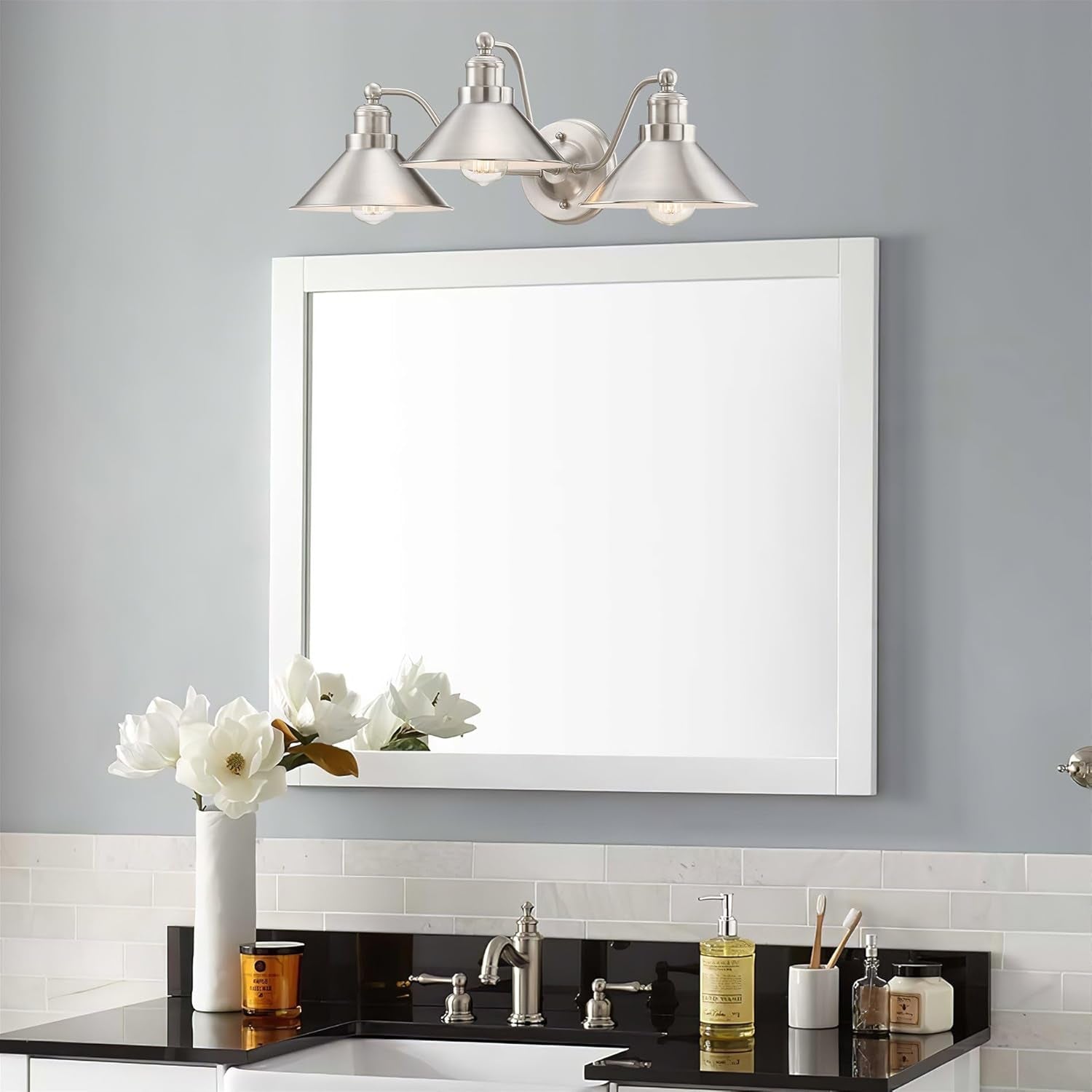 Welton 25.5" Modern Industrial 3-Light Vanity and Bathroom Light Fixture in Brushed Nickel Finish