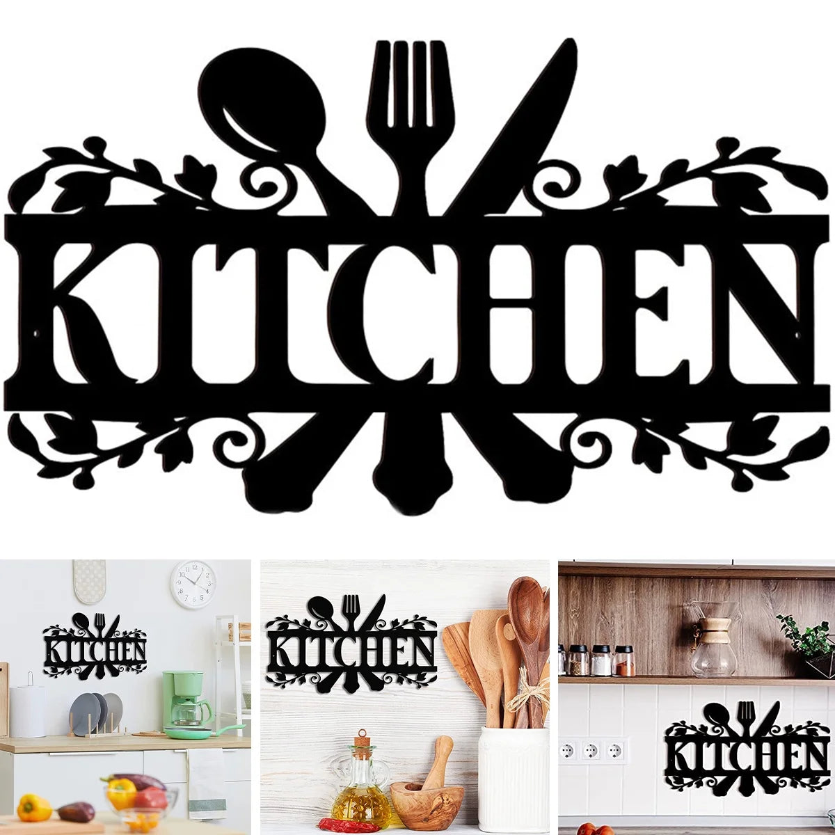 Kitchen Metal Sign, Kitchen Signs Wall Decor Rustic Style Metal Kitchen Wall Sign, 14 X 8.8 Inches Black Kitchen Wall Sign Country Farmhouse Home Decoration for Dining Room Kitchen Décor